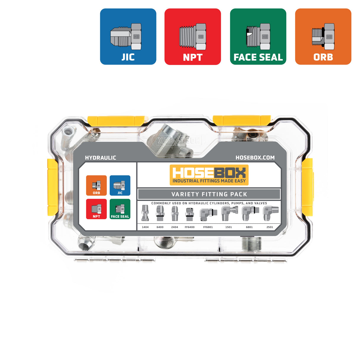 HOSEBOX - HBE2029-001 - VARIETY FITTINGS PACK (MOST COMMON JIC, FACE SEAL AND NPT FITTINGS)