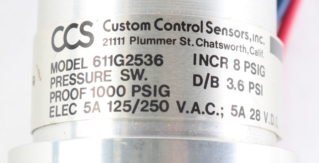 CUSTOM CONTROL SENSORS - 611G2536 - SWITCH PRESSURE 5A 28 V.D.C.