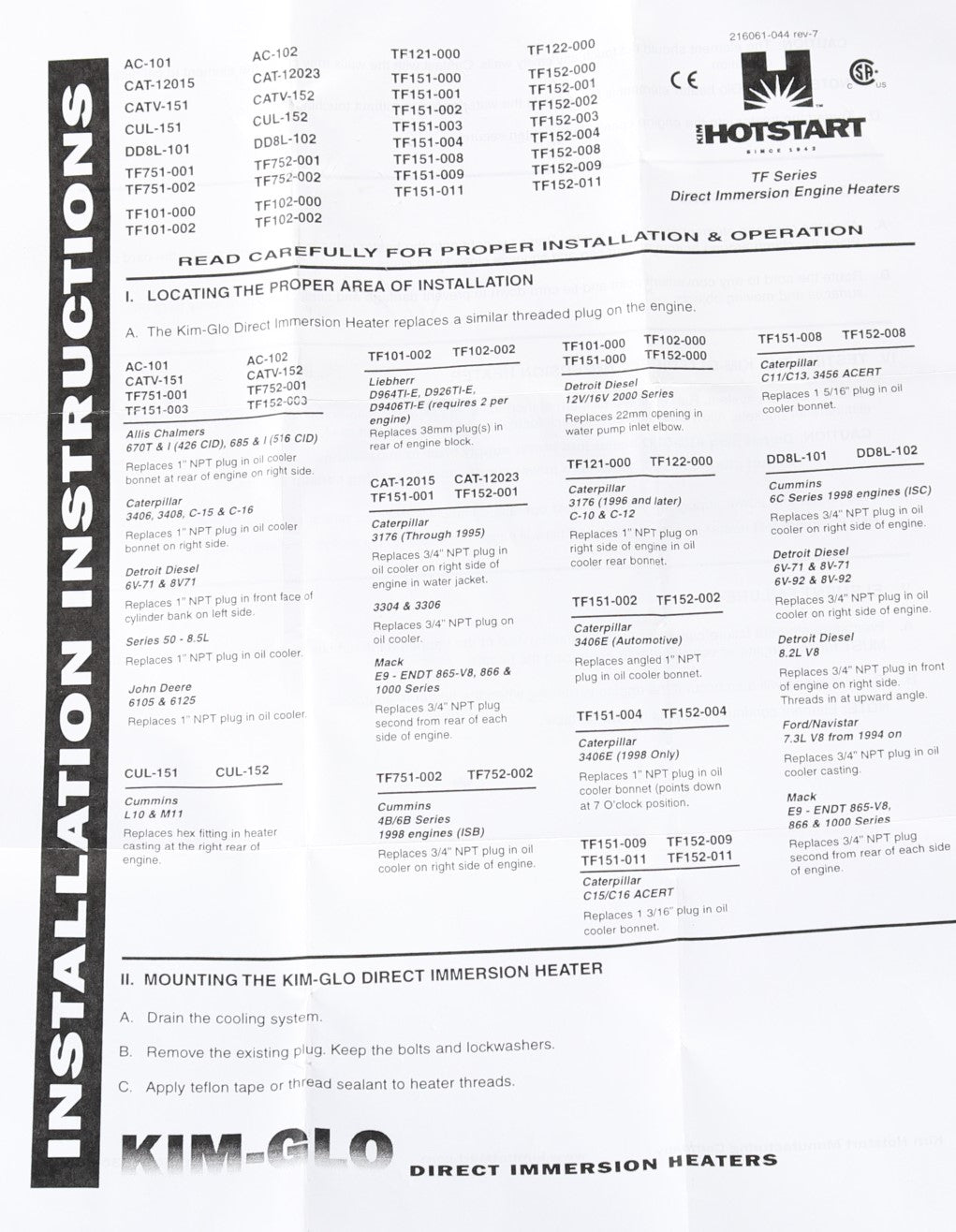 HOTSTART - TF151-008 - IMMERSION HEATER. CAT C11/C13