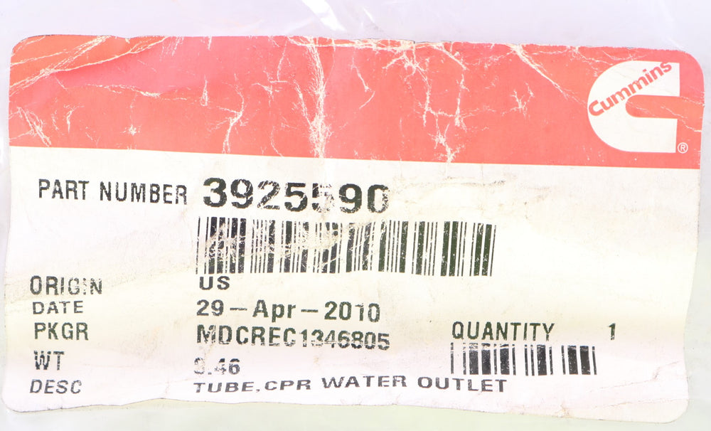 CUMMINS - 3925590 - COMPRESSOR WATER OUTLET TUBE FOR N.C. AUTO 8.3L C