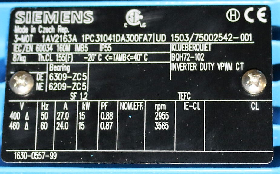 SIEMENS - 1AV2163A-1PC31041DA300FA7 - ELECTRIC MOTOR 15kW 400/460V 50/60Hz