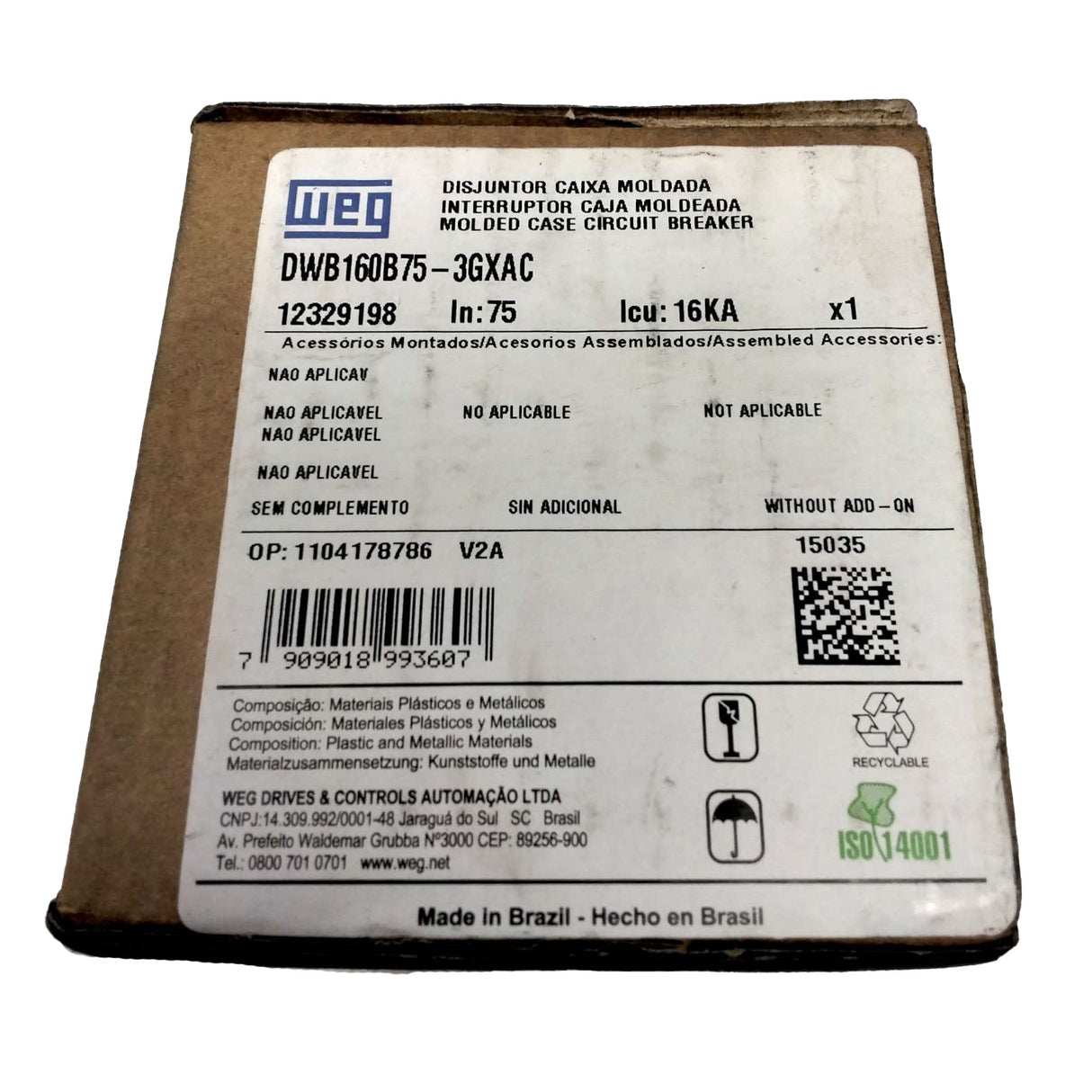 WEG - 12329198 - CIRCUIT BREAKER 75A 3PH FRAME SIZE 160
