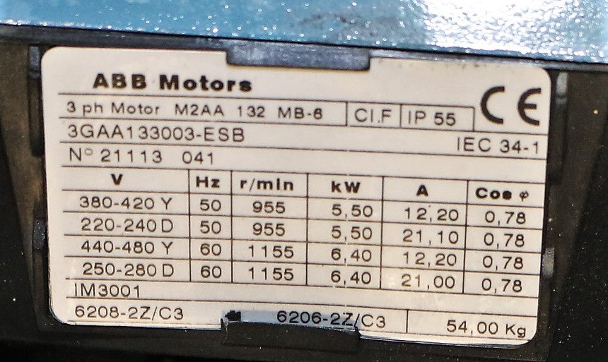 ABB - 3GAA133003-ESB - ELECTRIC MOTOR 5.5/6.4kW 220-480V 50/60Hz