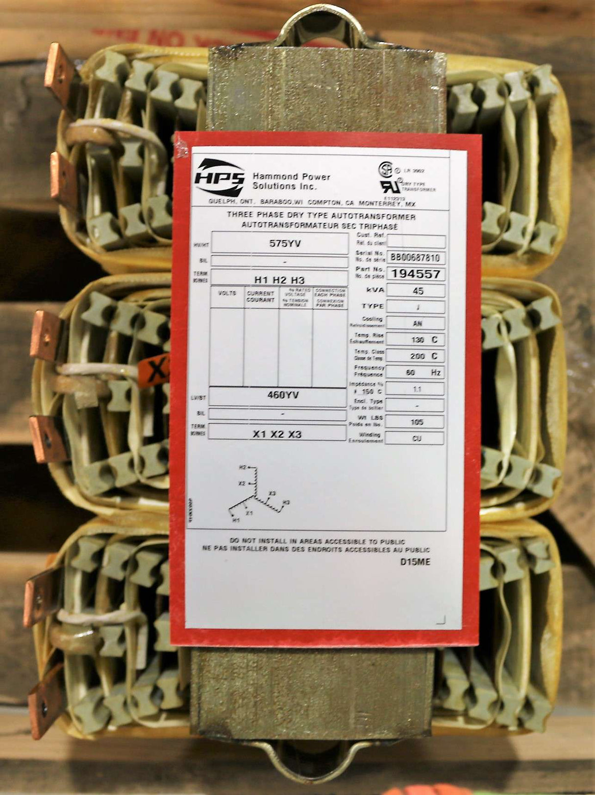 HAMMOND POWER SOLUTIONS (HPS) - 194557 - TRANSFORMER_45 KVA_575PRI-460SEC