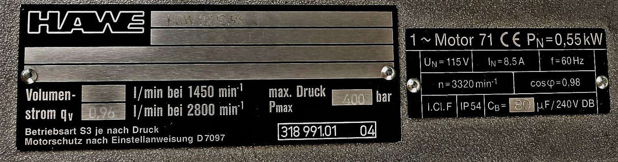 HAWE - HCW 22/0.96-115V-60HZ - HYDRAULIC UNIT W/OUT CONNECTION BLOCK