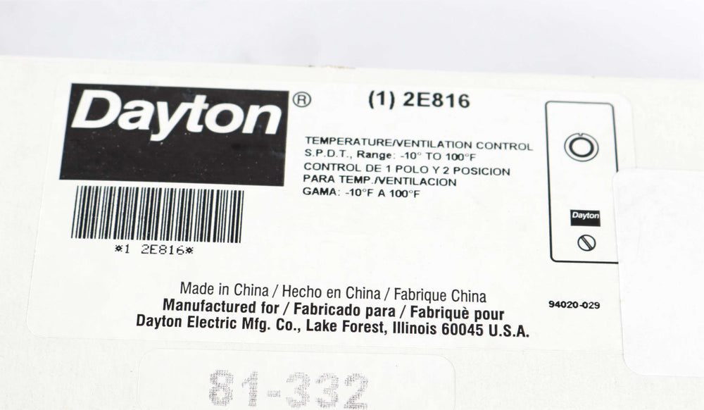 DAYTON - 2E816 - THERMOSTAT - LINE VOLTAGE 10 TO 100 DEG F SPDT
