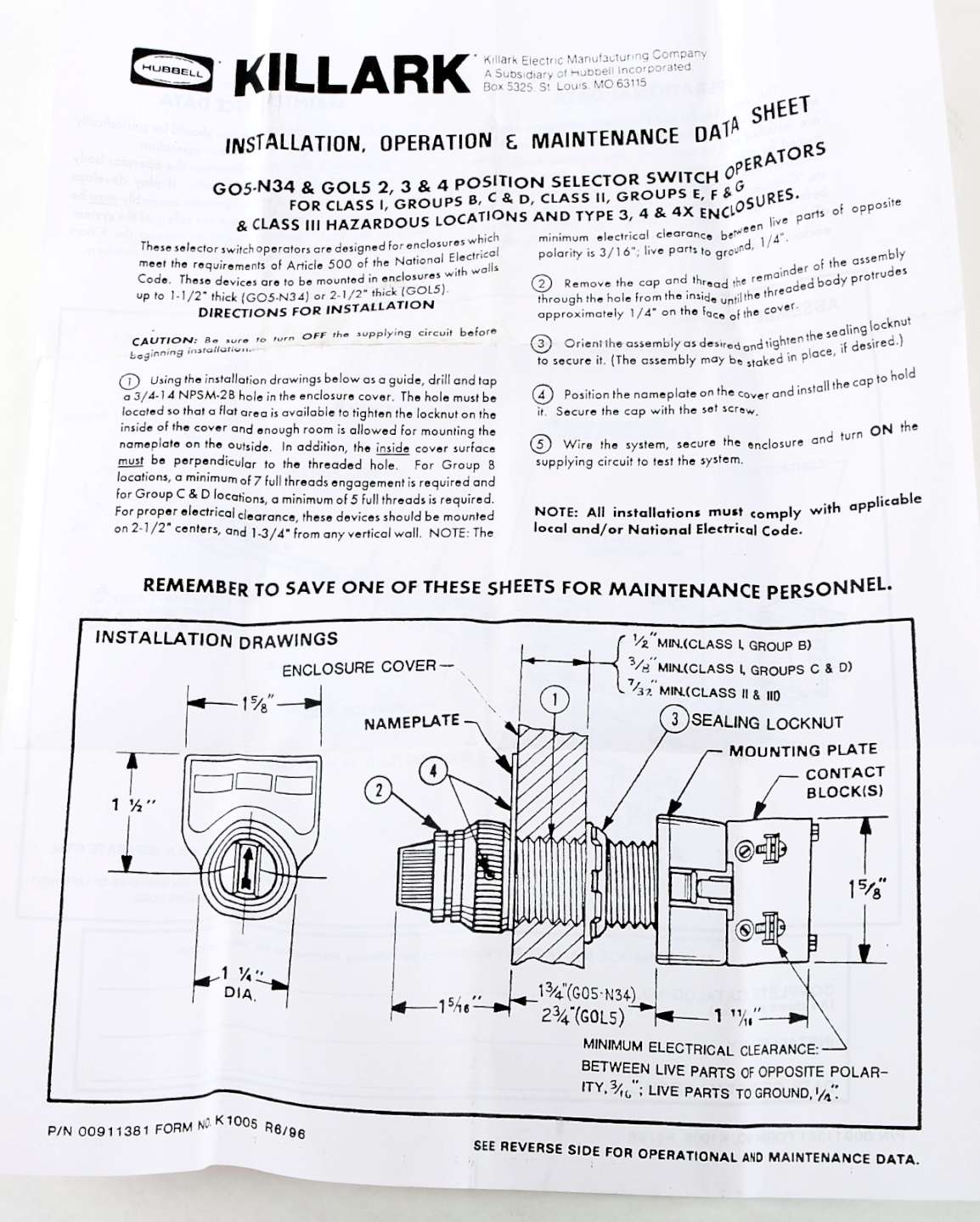 HUBBELL - G05-2A3F - SWITCH 2-POS BLK 1NO/1NC