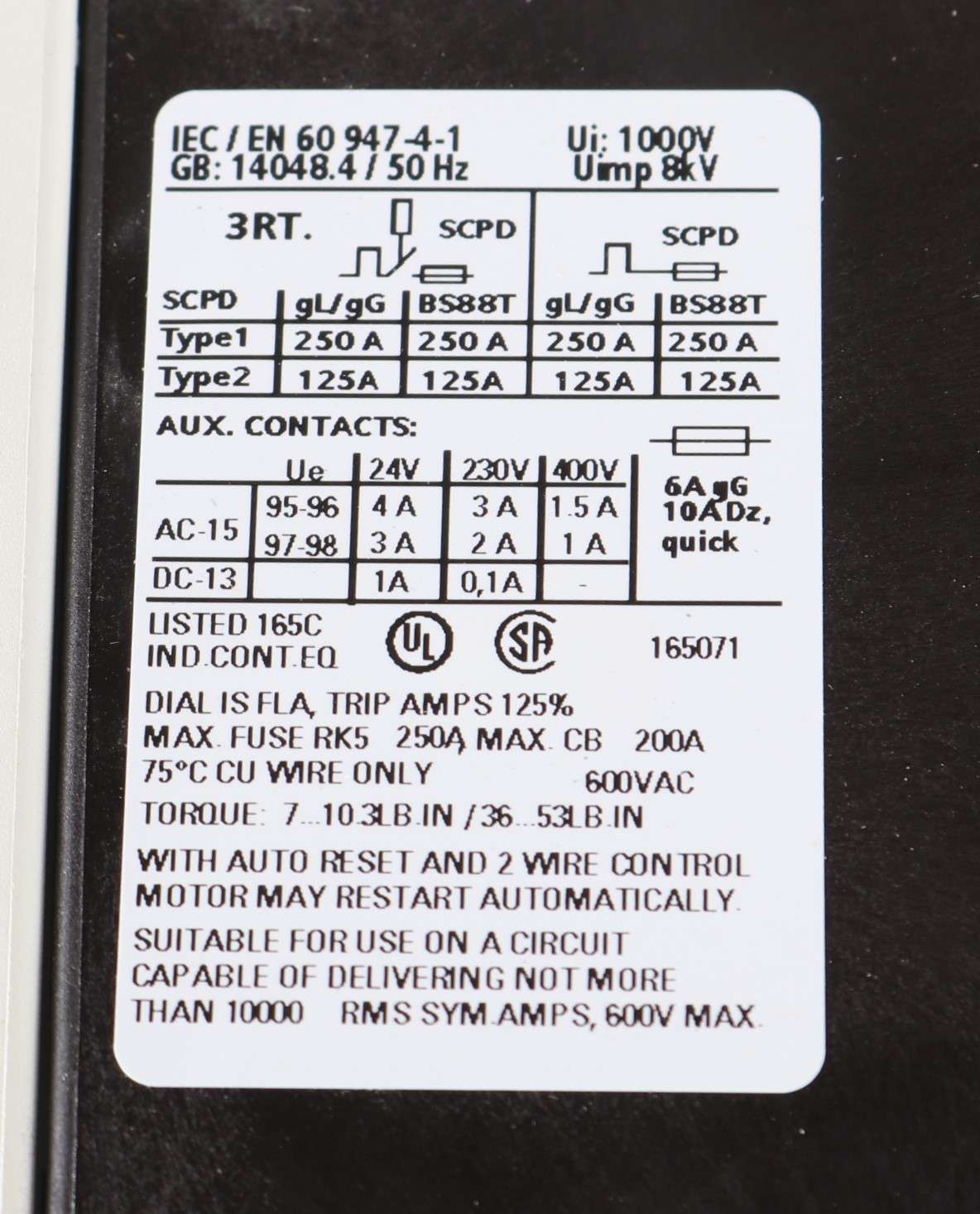SIEMENS - 3RU1146-4JB0 - RELAY 3-POLE 45-63 AMP 30KW 600VAC 24VDC