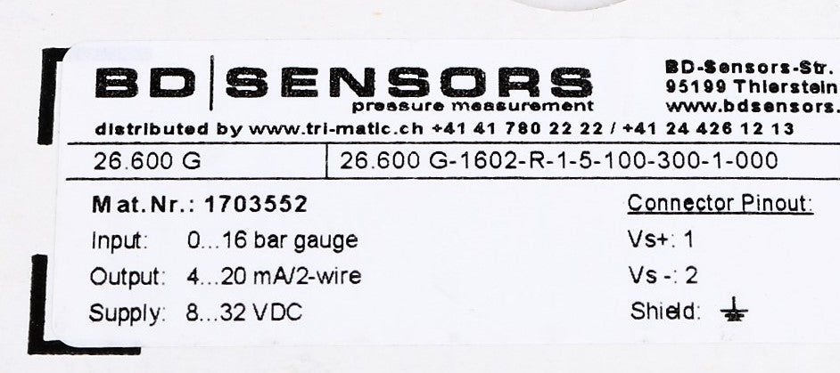 BD SENSORS - 26.000 G-1602-R-1-5-100-300-1-000 - PRESSURE SENSOR 1/4in 0-16 BAR