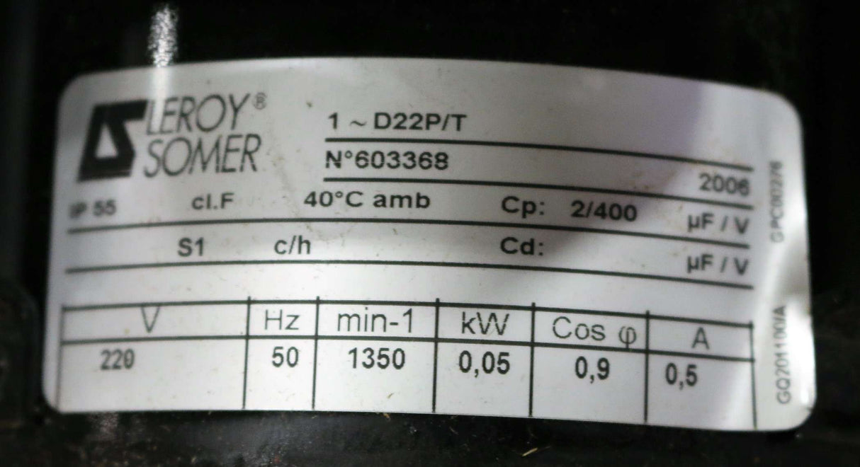 LEROY SOMER - D22P/T_603368-2006 - ELECTRIC MOTOR .05kW 220V 50Hz