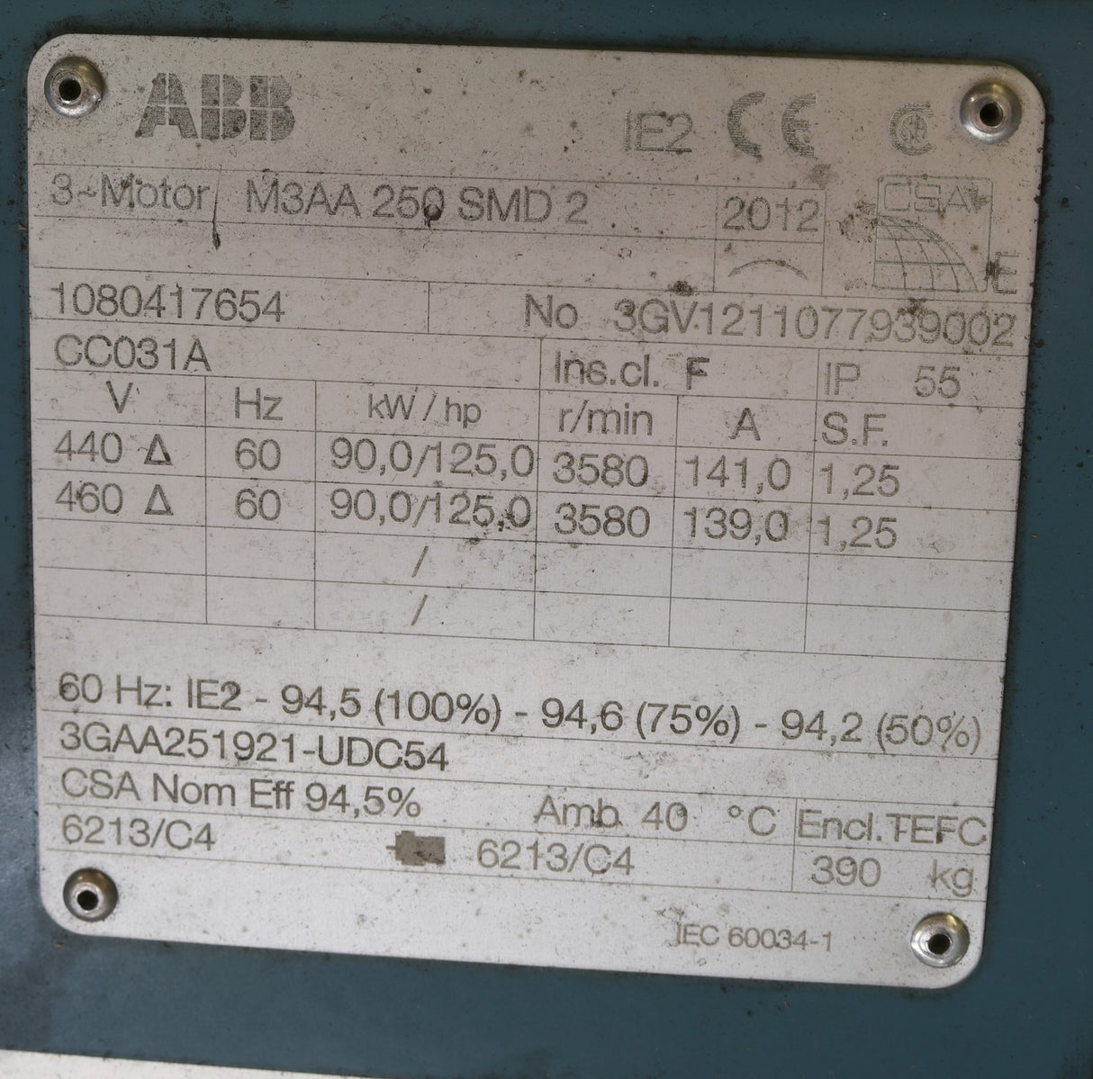 ABB - 3GAA251921-UDC54 - ELECTRIC MOTOR 90kW 440/460V 60Hz M3AA 250 SMD 2