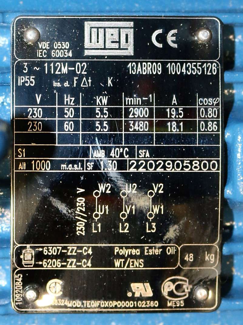 WEG - 10920845 - ELECTRIC MOTOR 5.5kW 230V 50/60Hz