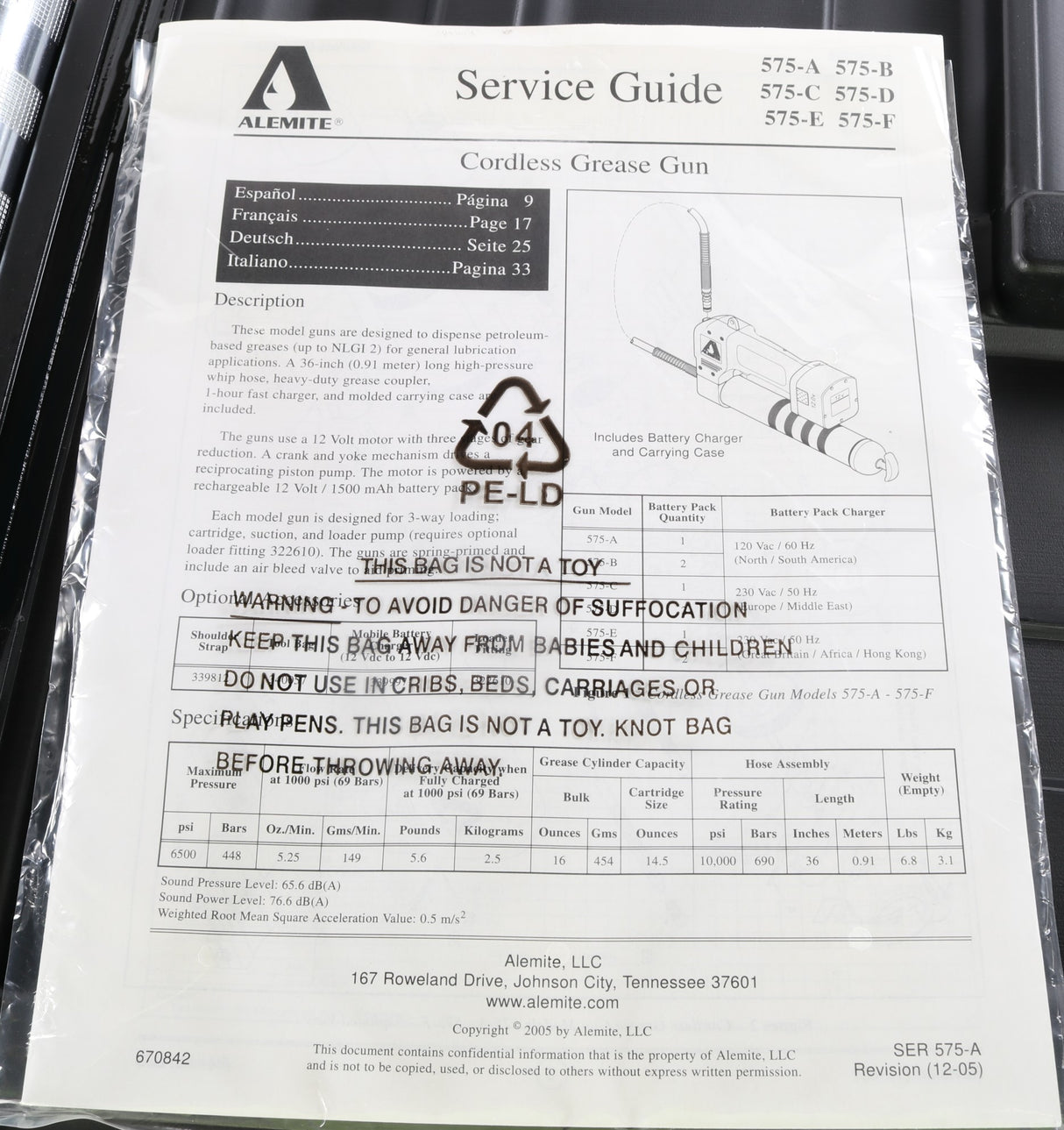 ALEMITE  - 575-B - CORDLESS 12V GREASE GUN W/ CHARGER AND 2 BATTERIES