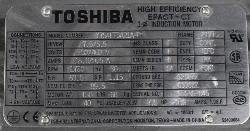 TOSHIBA INTERNATIONAL - MOTORS & DRIVES DIV - BY752FLF3BMHD04 - ELECTRIC MOTOR 7.5HP 230/460V 3515RPM F213T TEFC