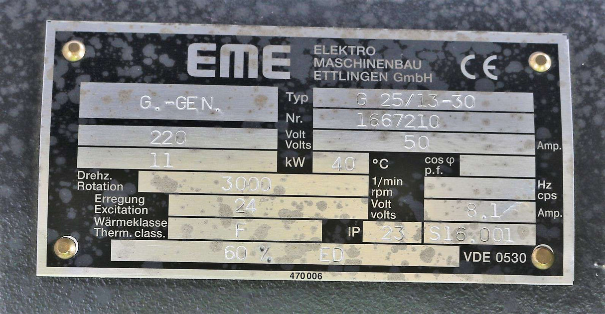 EME GENERATOREN (ELEKTROMASCHINENBAU ETTLINGEN) - G25/13-30 11KW - GENERATOR 11kW 220VDC 50A 3000RPM
