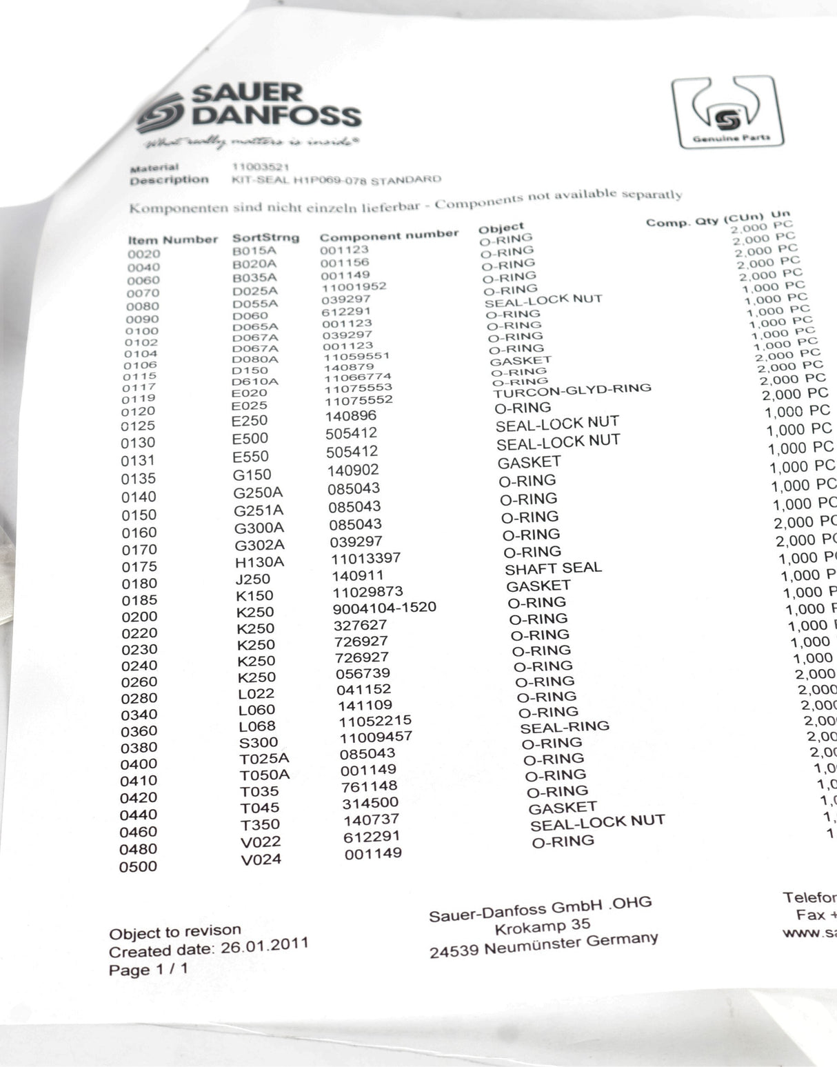 DANFOSS - 11003521 - COMPLETE SEAL KIT
