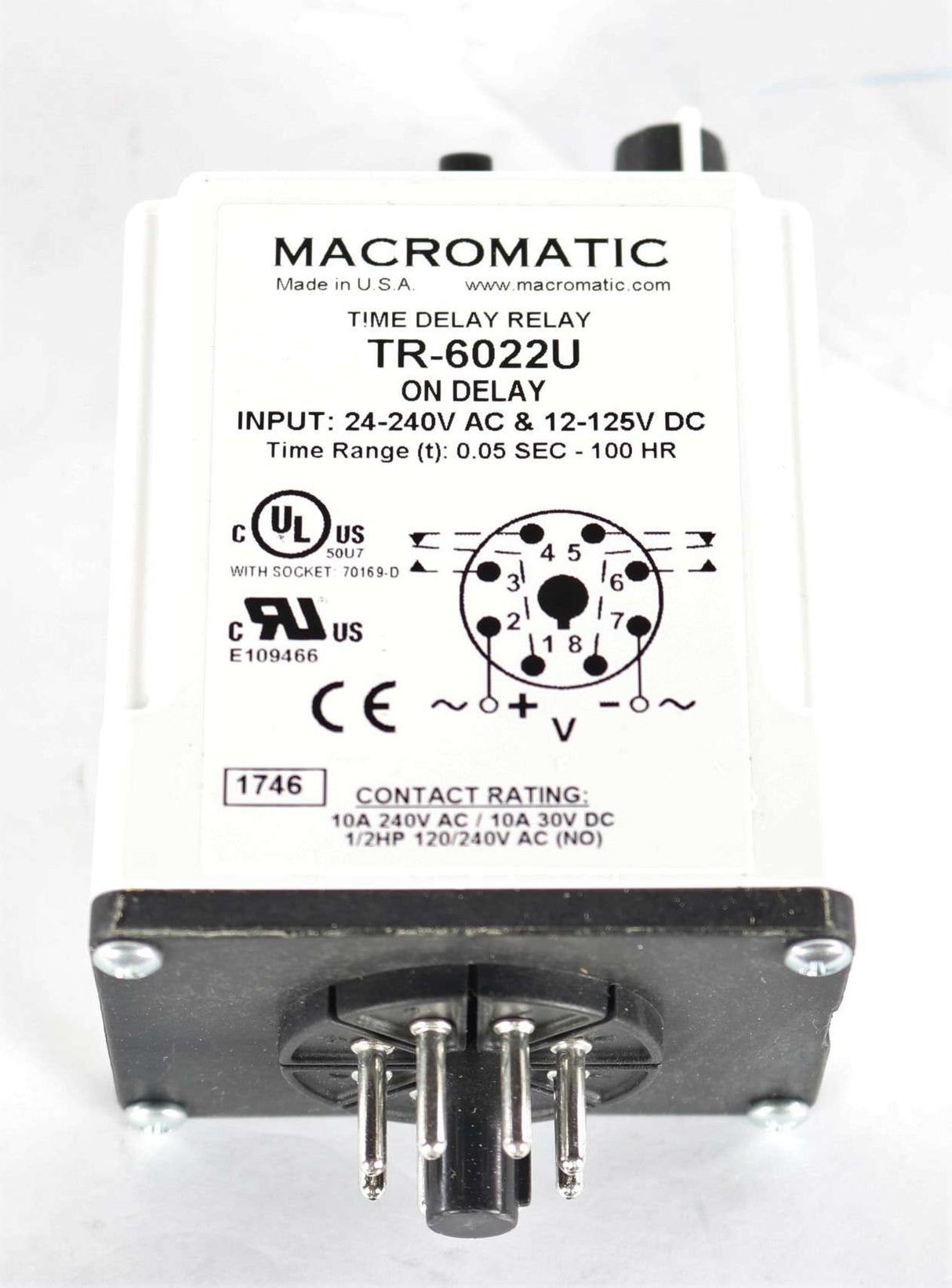 MACROMATIC INDUSTRIAL CONTROLS - TR-6022U - RELAY - TIME DELAY ADJUSTABLE 0.05 SEC TO 100 HR