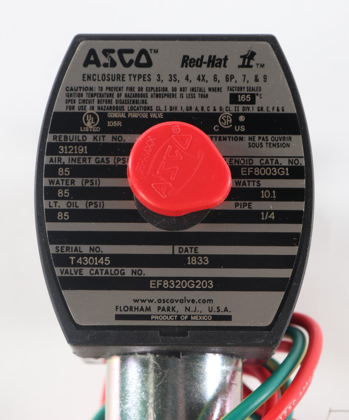 EMERSON - ASCO / JOUCOMATIC / REDHAT - EF8320G203 - SOLENOID VALVE .25in FPT 120V 60Hz