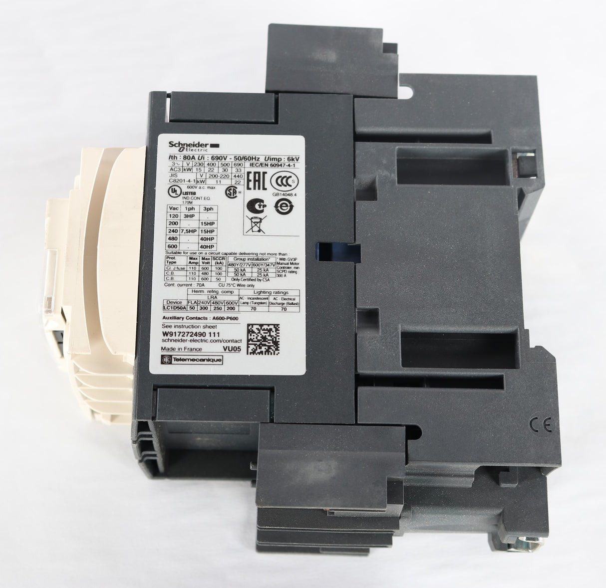 SCHNEIDER ELECTRIC - LC1D50A6FE7 - CONTACTOR 50A 3P 115VAC COIL