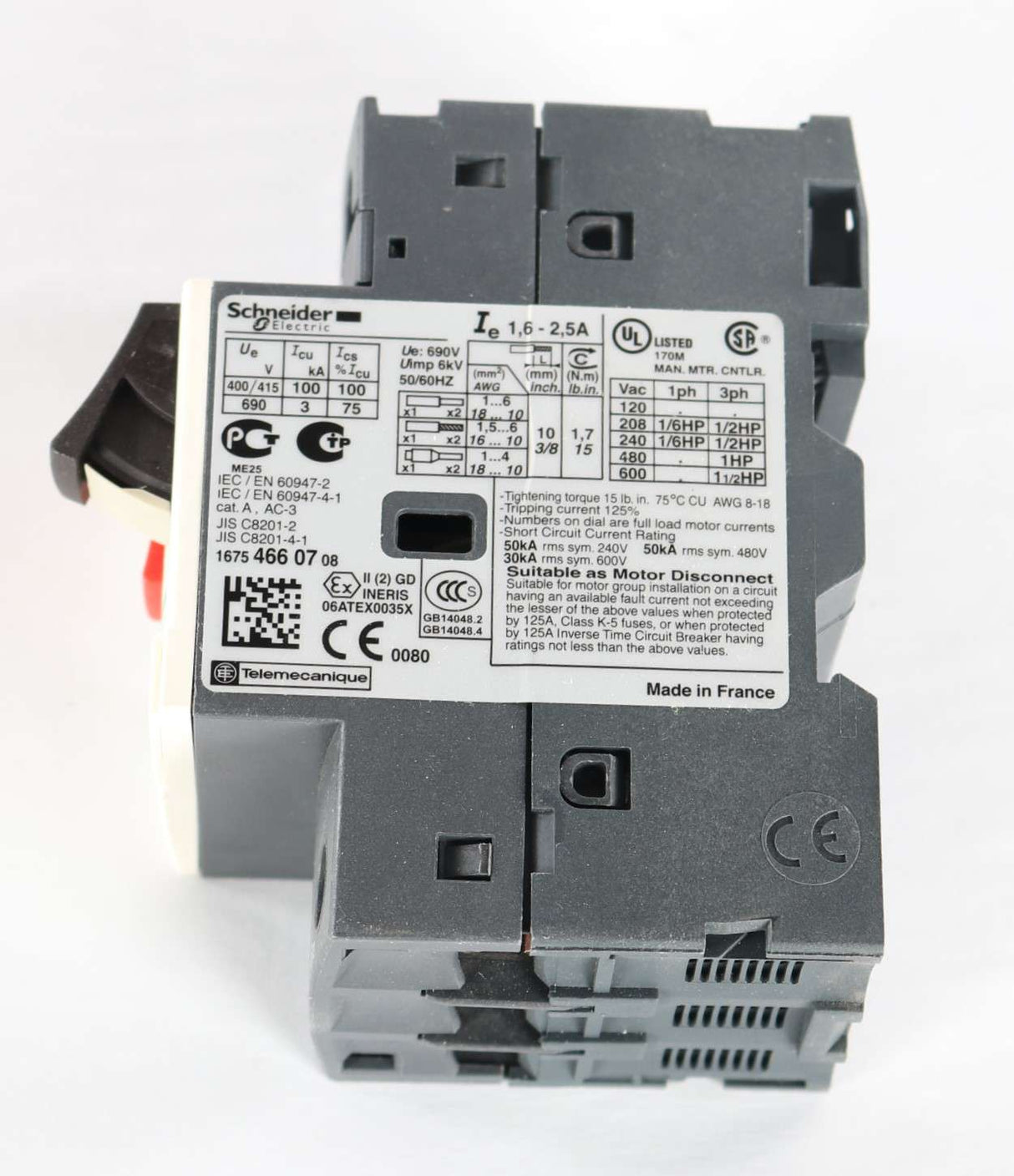 SCHNEIDER ELECTRIC - GV2ME07 - CIRCUIT BREAKER - ADJUSTABLE 1.6-2.5A 3P
