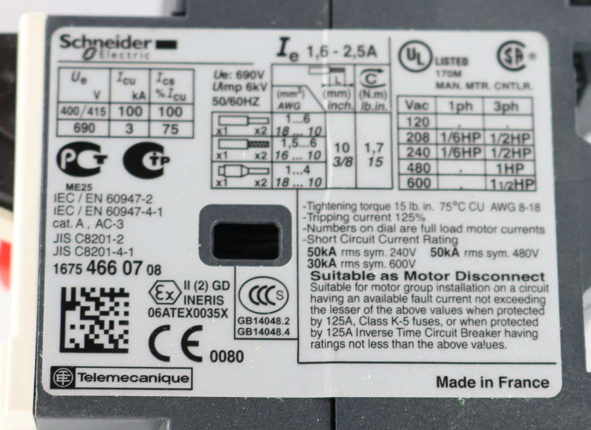 SCHNEIDER ELECTRIC - GV2ME07 - CIRCUIT BREAKER - ADJUSTABLE 1.6-2.5A 3P