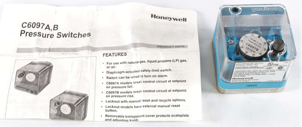 HONEYWELL - C6097B1010 - GAS PRESSURE SWITCH 12-60 IN.WC. MANUAL RESET