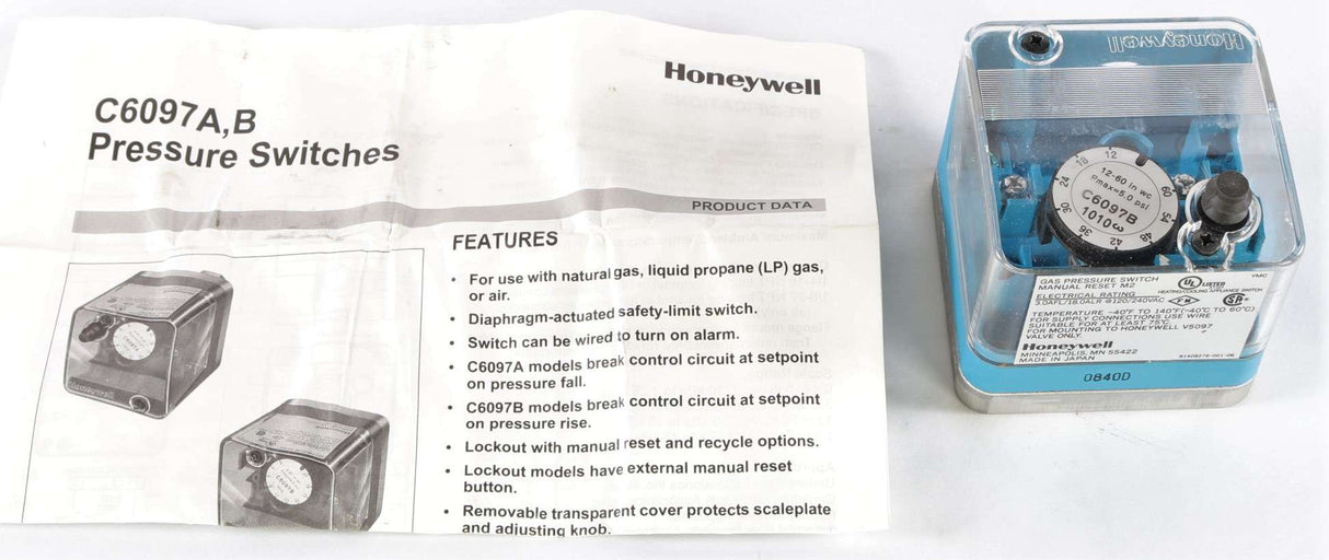 HONEYWELL - C6097B1010 - GAS PRESSURE SWITCH 12-60 IN.WC. MANUAL RESET