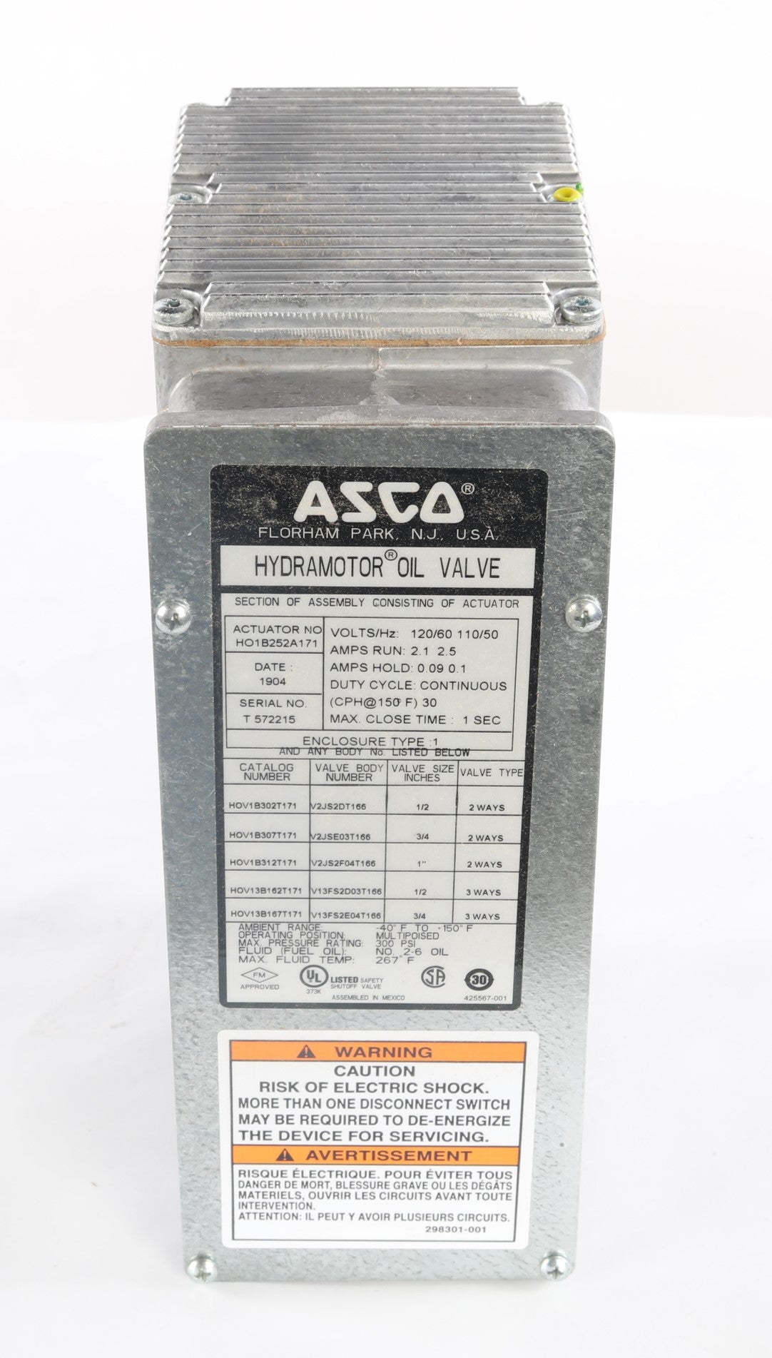 EMERSON - ASCO / JOUCOMATIC / REDHAT - HO1B252A171 - HYDRAMOTOR ACTUATOR W/ 120V AUXILIARY SWITCH VLV