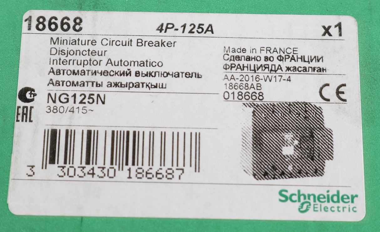 SCHNEIDER ELECTRIC - 18668 - CIRCUIT BREAKER 125A 4P B-CURVE