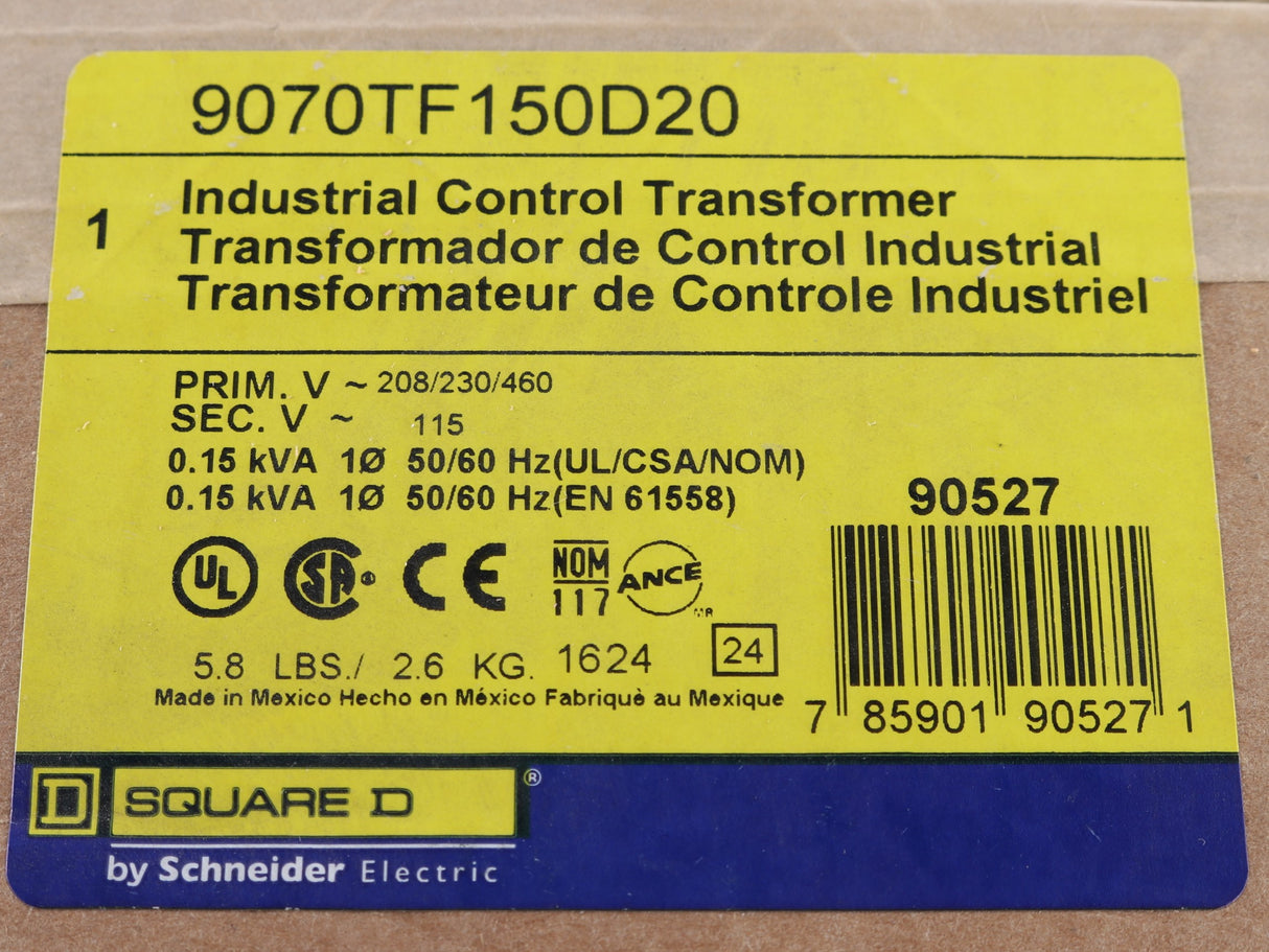 SCHNEIDER ELECTRIC - 9070TF150D20 - TRANSFORMER 150VA 208|230|460V PRIM 115V SEC FUSED