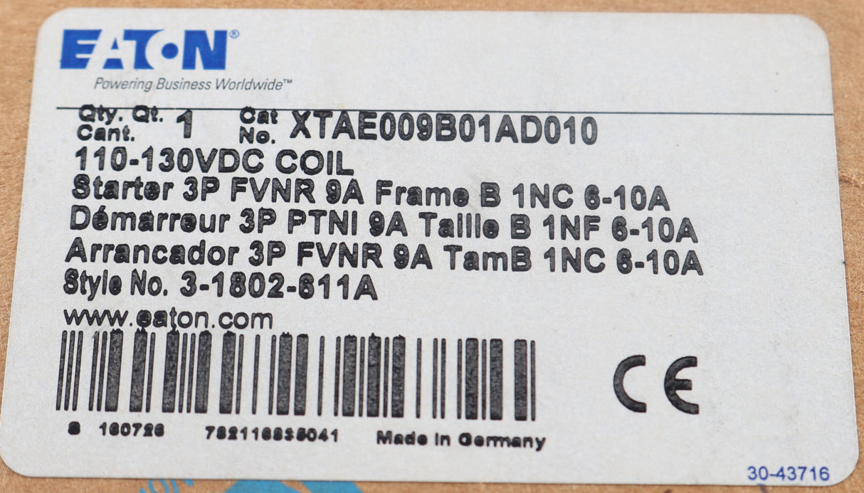 CUTLER HAMMER - XTAE009B01AD010 - IEC NON-REVERSE MOTOR STARTER 3PH 120VDC COIL 9A