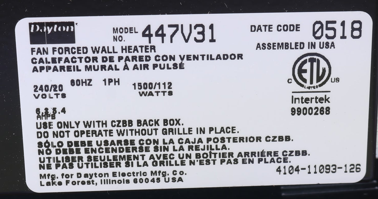 DAYTON - 447V31 - WALL HEATER 1500W 240V