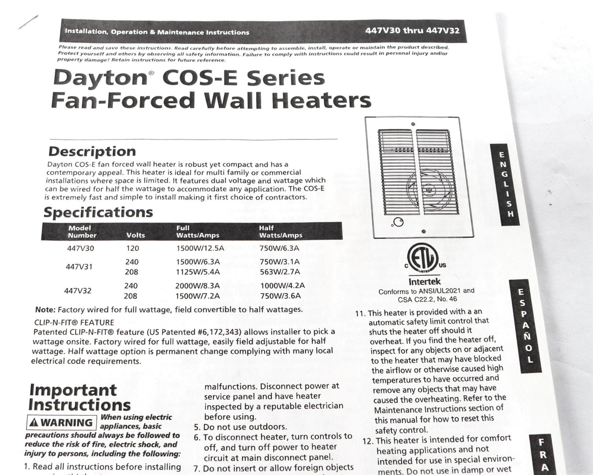 DAYTON - 447V31 - WALL HEATER 1500W 240V