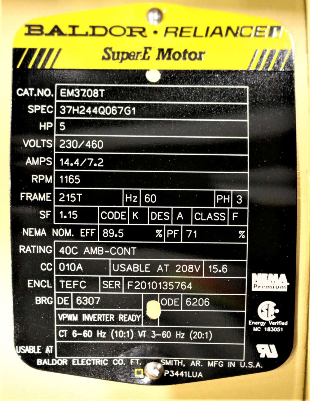 BALDOR  - 37H244Q067G1 - ELECTRIC MOTOR EM3708T 5HP 230/460V 60Hz 215T