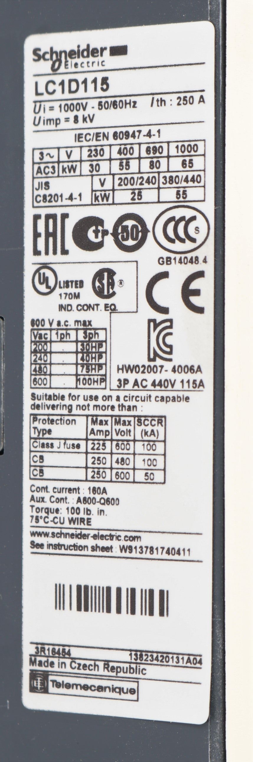 TELEMECANIQUE - LC1D115P7 - CONTACTOR 3P 230VAC COIL
