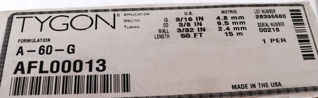 TYGON (SAINT-GOBAIN FLUID TRANSFER) - AFL00013 - TUBING BLK TYGON 50' ROLL 3/16"ID 3/8"OD ($/ROLL)
