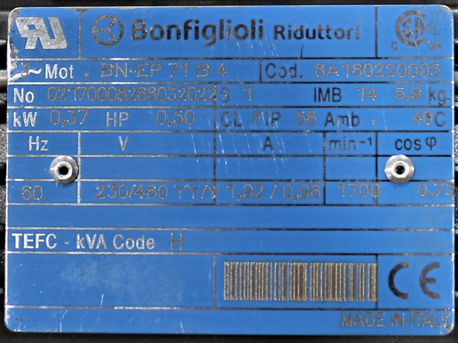 BONFIGLIOLI - 8A160220005 - ELECTRIC MOTOR - BN-EP 71B 4 0.37kW 230/460V 60Hz
