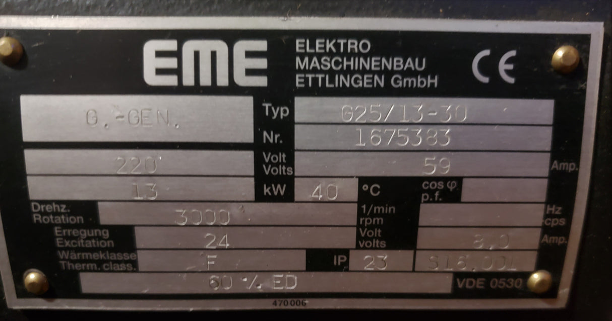 EME GENERATOREN (ELEKTROMASCHINENBAU ETTLINGEN) - G25/13-30 13KW - GENERATOR 13kW 220VDC 59A 3000RPM