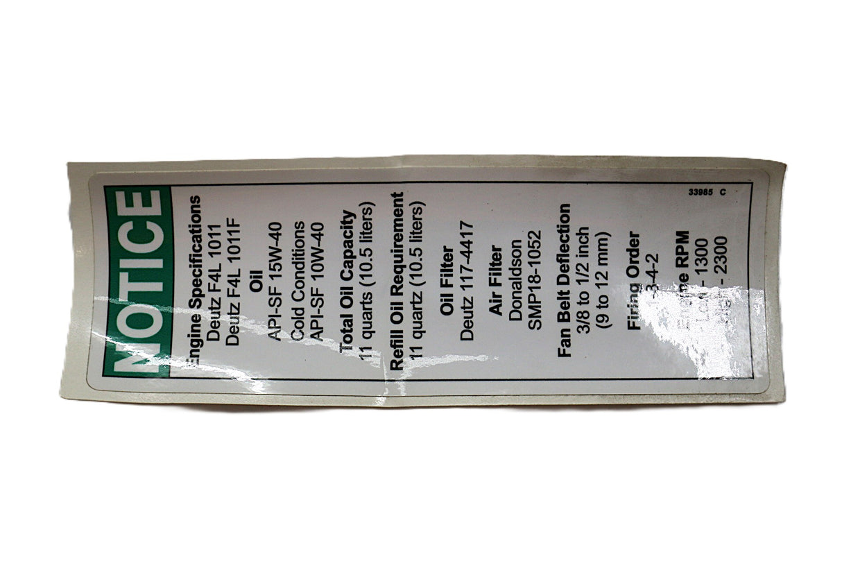 JLG - 70043892 - DECALNOTICE DEUTZ ENG SPEC