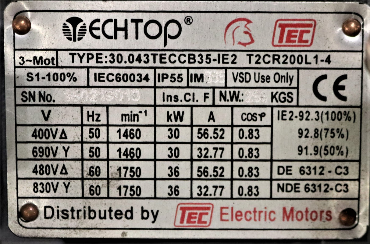 TECHTOP (SHANGHAI TOP MOTOR LTD) - 30.043TECCB35-IE2 - ELECTRIC MOTOR 30/36kW 400/690//480/830V 50/60Hz