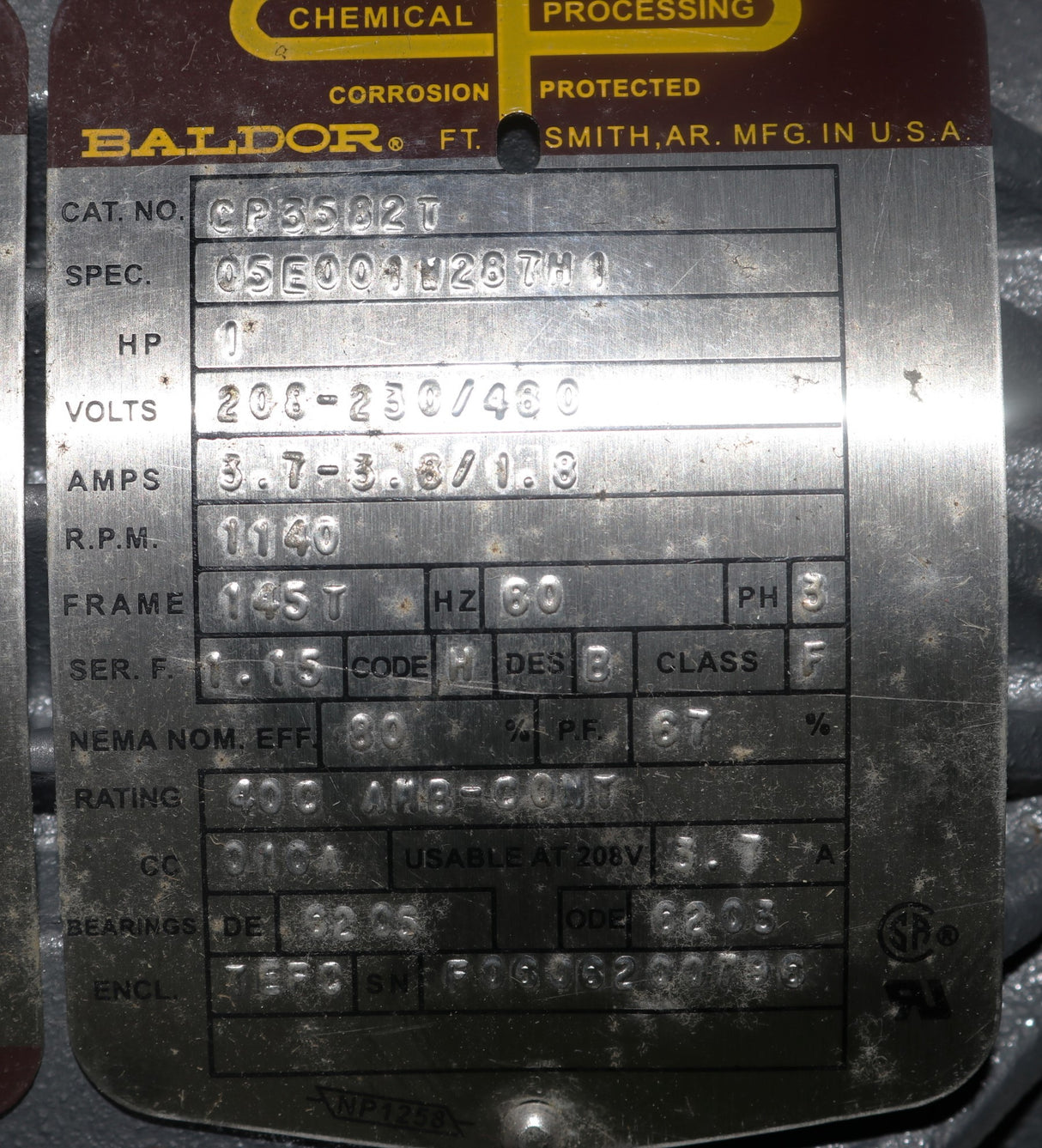 BALDOR - CP3582T - ELECTRIC MOTOR 1 HP 208-230|460V 60Hz 3PH 145T