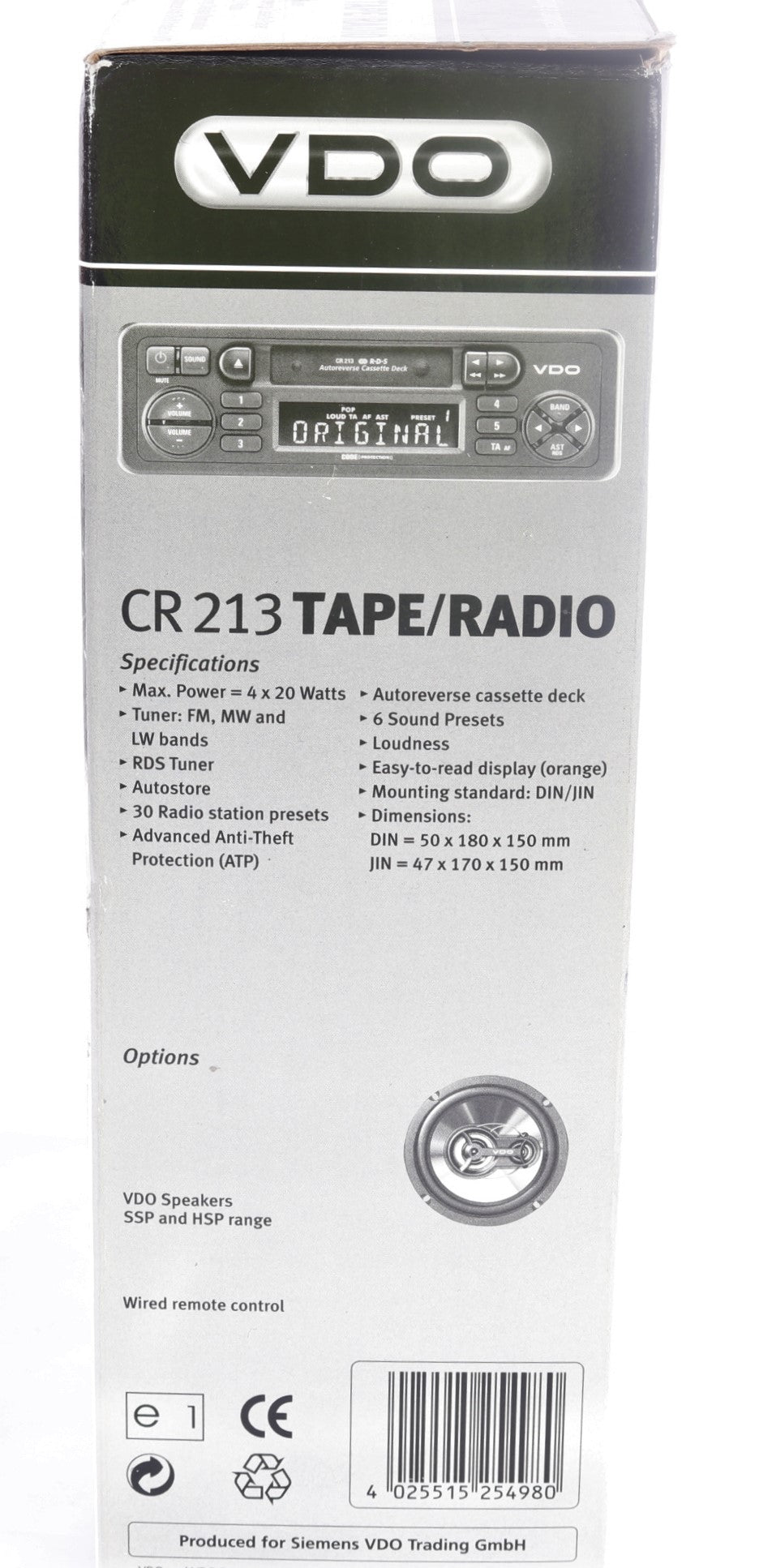 VDO - CR213 - RADIO / CASSETTE PLAYER ORANGE ILLUM. 4X20 WATTS