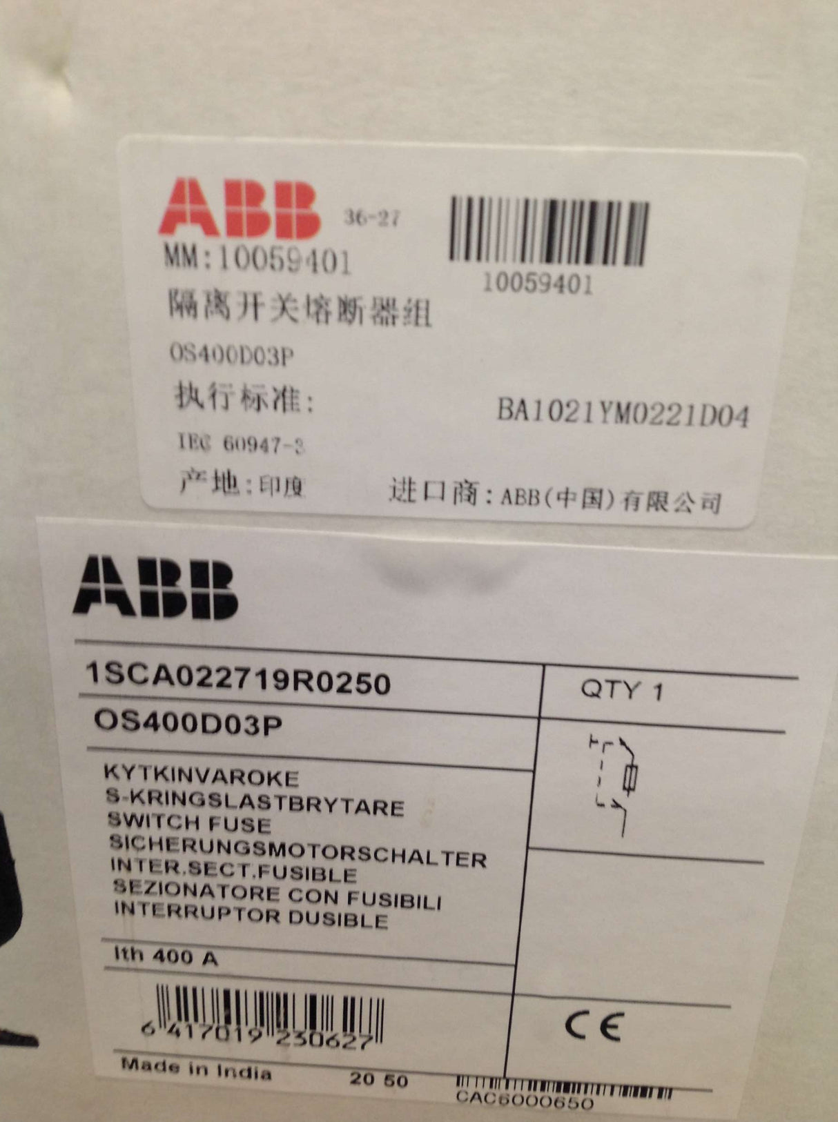 ABB - 1SCA022719R0250 - SWITCH AIR FUSE OS400D03P