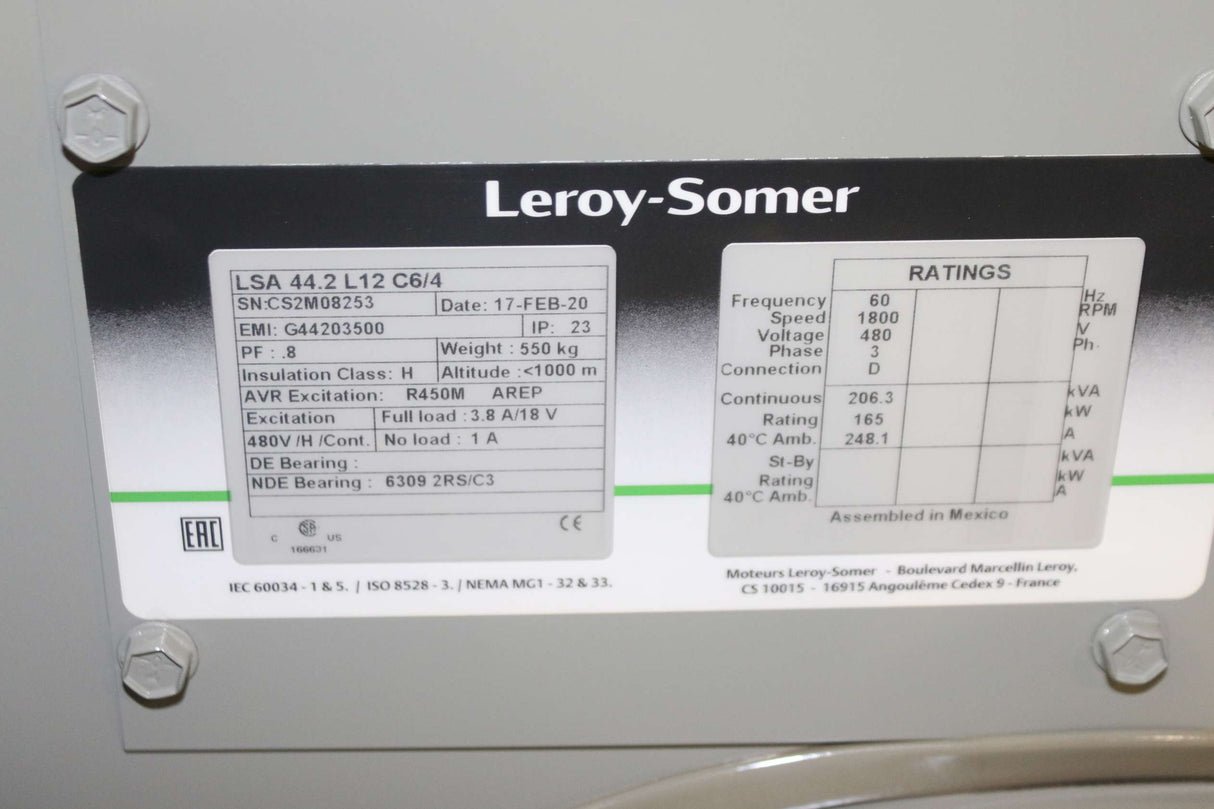 LEROY SOMER - LSA44.2L12C6/4 - ALTERNATOR 165kW 480V 60Hz 3PH