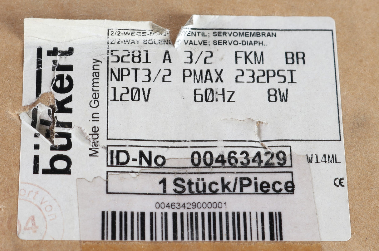 BURKERT - 5281 A 3/2 FKM BR - VALVE SERVO ASSISTED SOLENOID