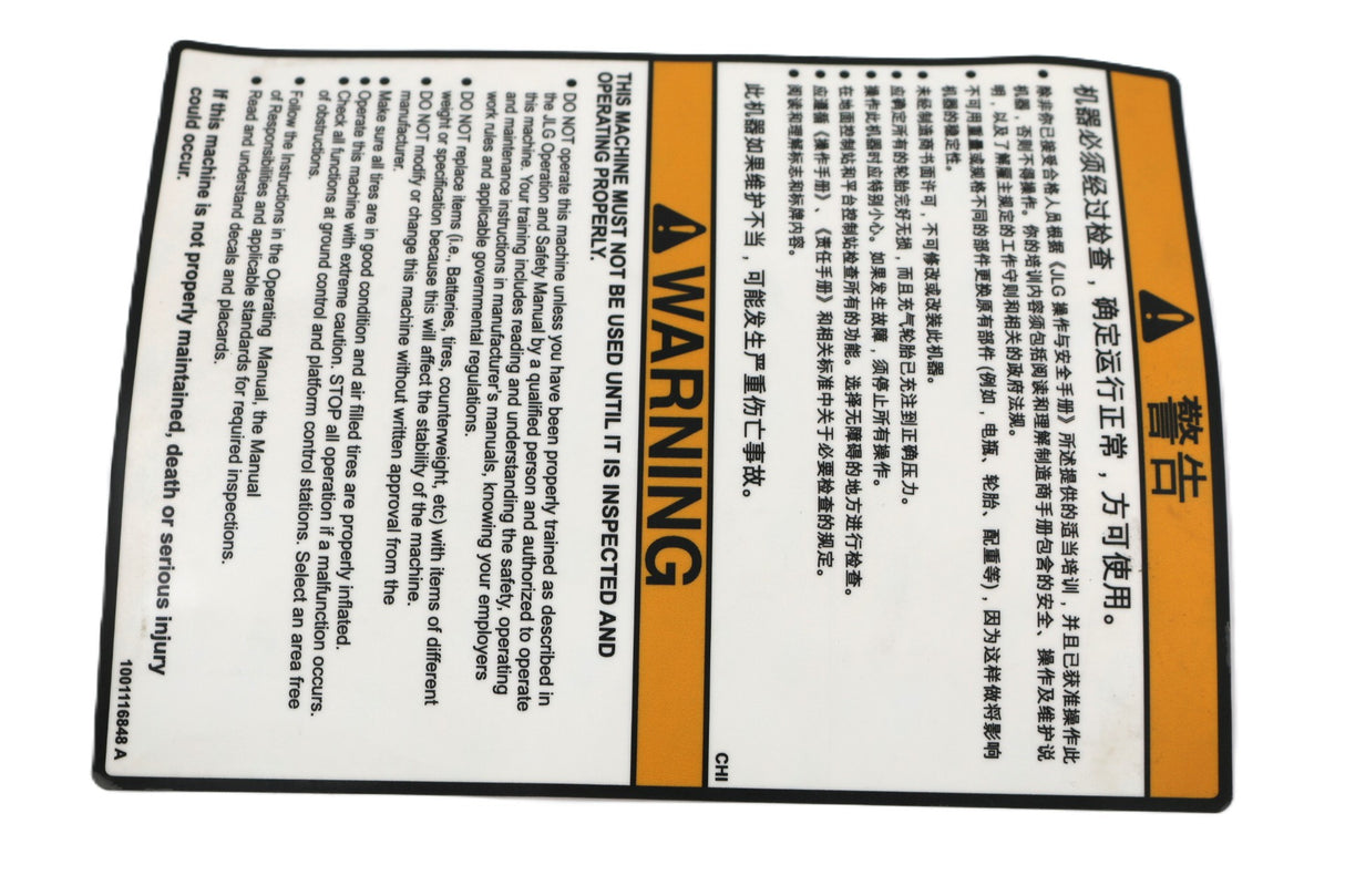 JLG - 1001116848 - DECALWARNING INSPECTION (MTB)