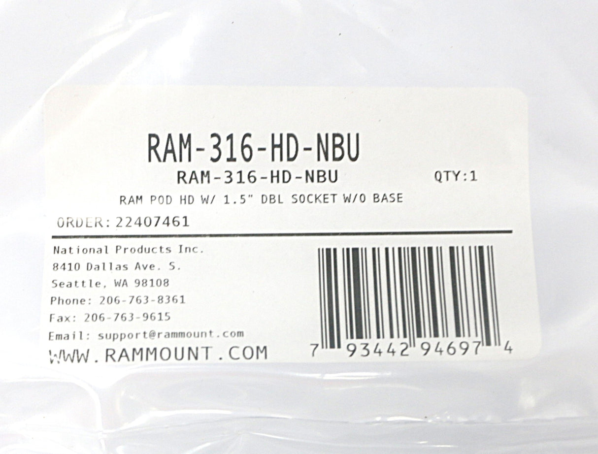 RAM - RAM-316-HD-NBU - RAM POD HD W/ 1.5 DOUBLE SOCKET W/O BASE