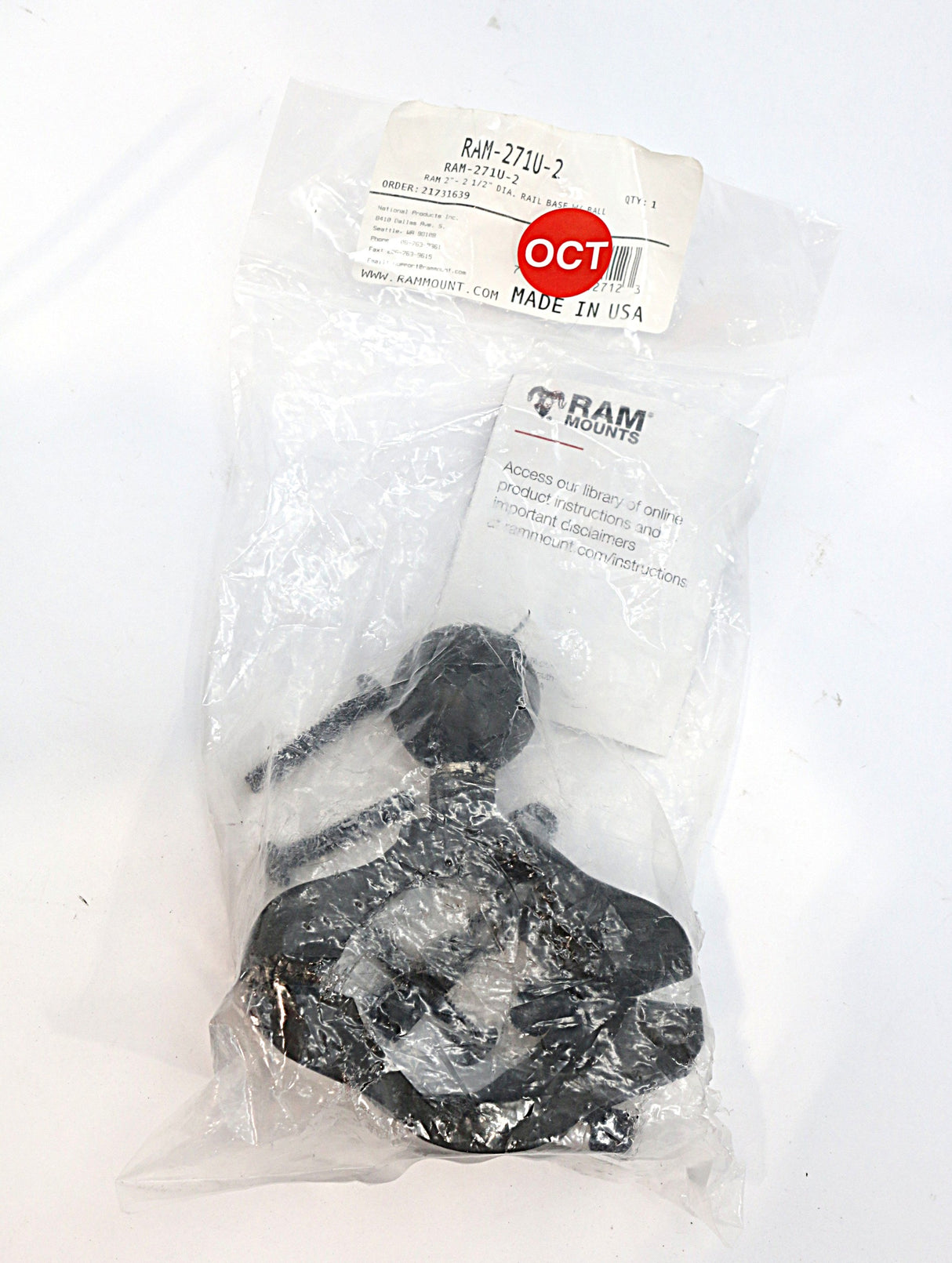 RAM - RAM-271U-2 - RAM 2-2 1/2 DIAMETER RAIL BASE W/ BALL