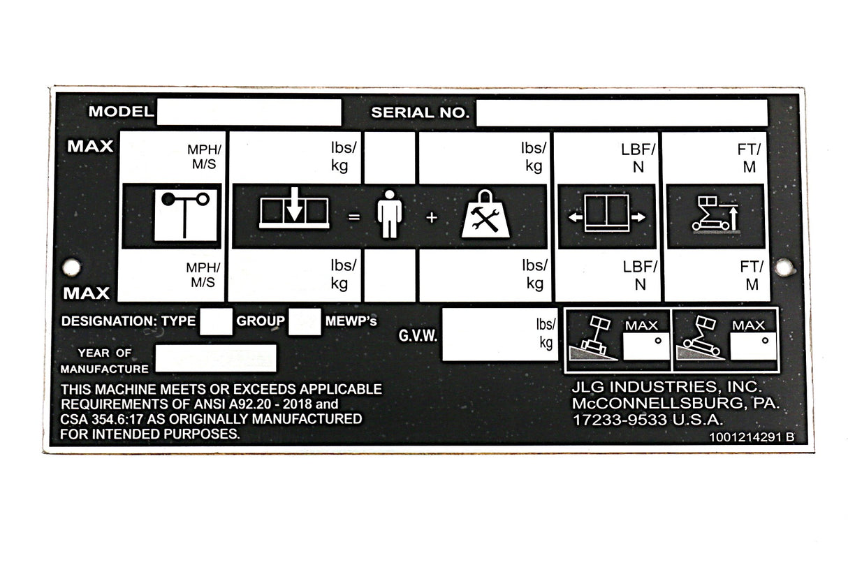 JLG - 1001214291 - DECAL - SERIAL NAME PLATE