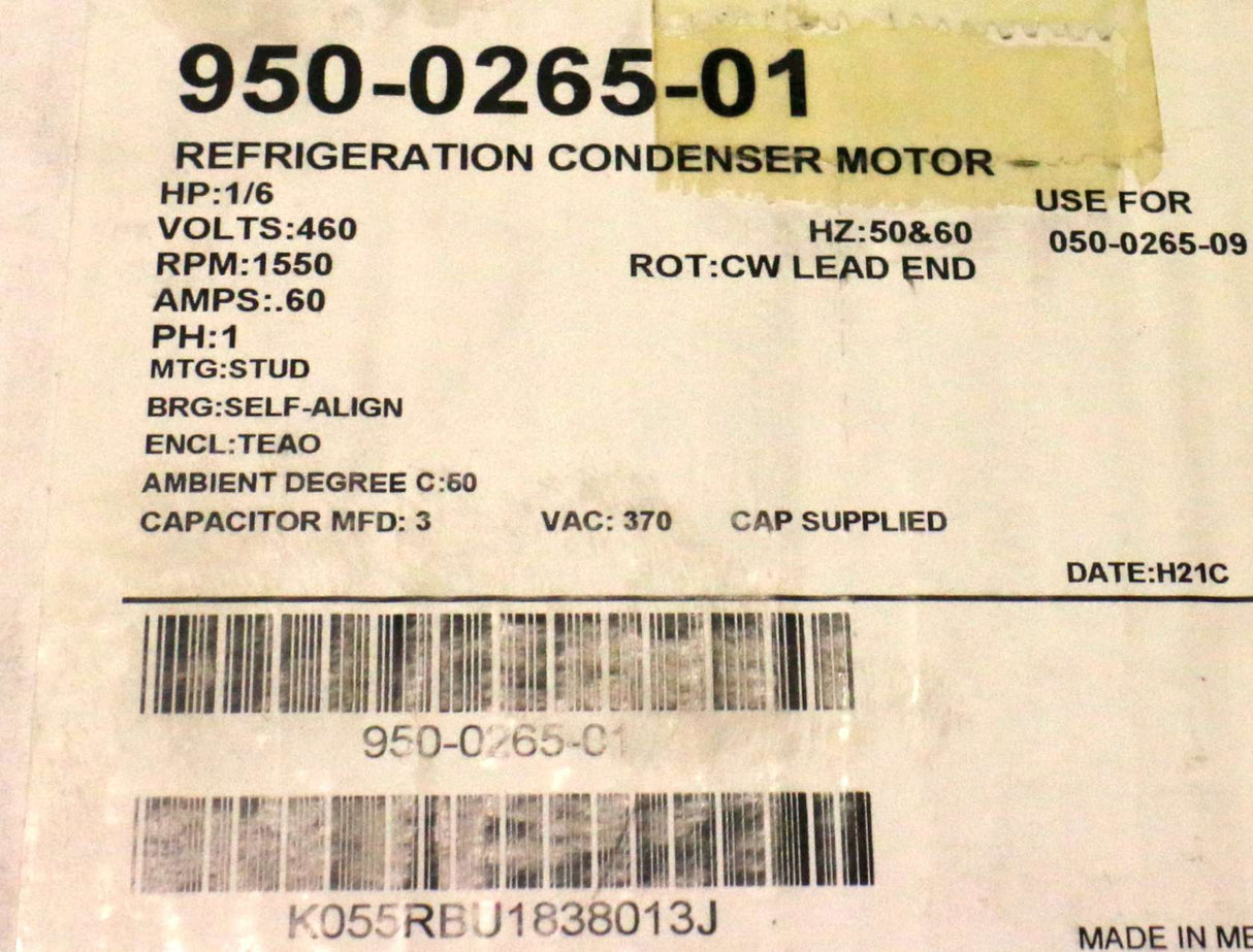 COPELAND (EMERSON) - 950-0265-01 - FAN MOTOR 460V 60A 1550 RPM - HP1/6